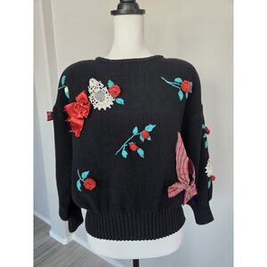 Vtg Chaus Bows Flowers Grandma Waffle Knit Sweater Pullover Novelty Black Sz L